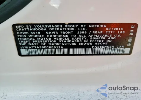 2014 Volkswagen Passat S z USA, uszkodzony, nr VIN 1VWAT7A35EC088124